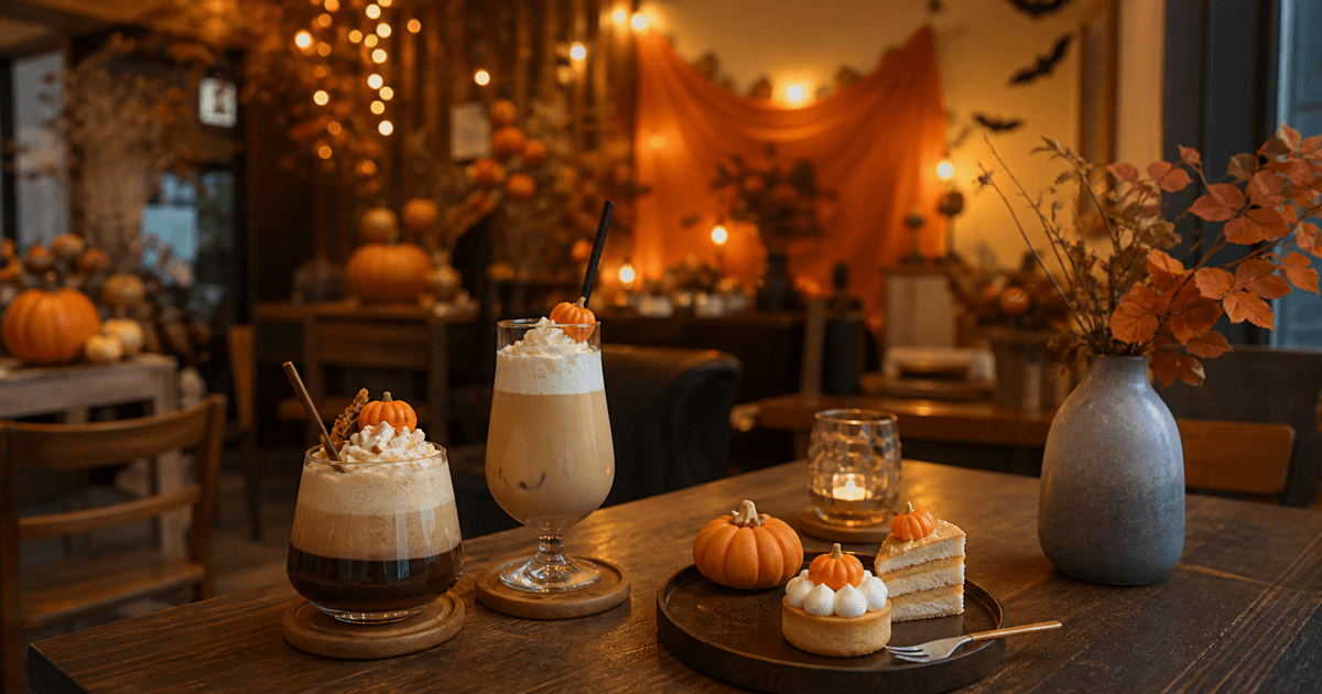 ハロウィン装飾に囲まれた限定ドリンクとスイーツ