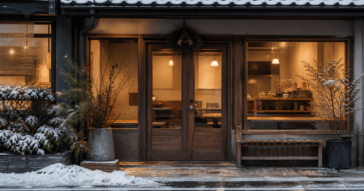 雪の残る冬のOpenCafe店舗外観
